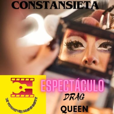 Drag queen mirada en espejo, maquillándose con colores vivos y dramatismo.