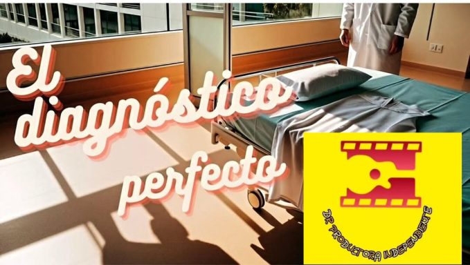 Texto que dice "El diagnóstico perfecto" sobre una cama de hospital y un logo en la esquina.
