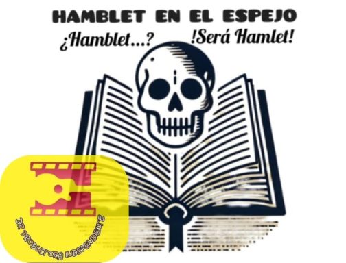Esqueleto sobre un libro, con el texto "Hamlet en el espejo" y un fondo gráfico.