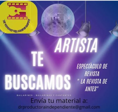 Anuncio en busca de artistas para una revista de entretenimiento con un fondo de disco.
