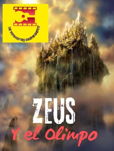 Montaña mística con nubes, texto "ZEUS Y el OLIMPO" y un logo en la esquina superior.
