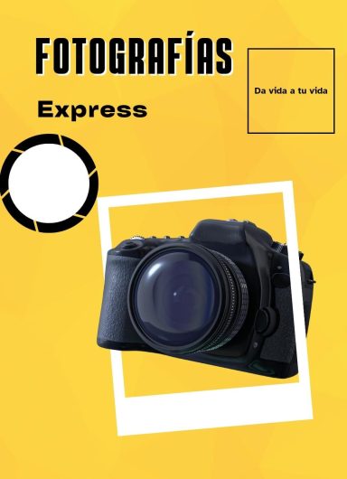 Cámara sobre un fondo amarillo con el texto "FOTOGRAFÍAS Express".
